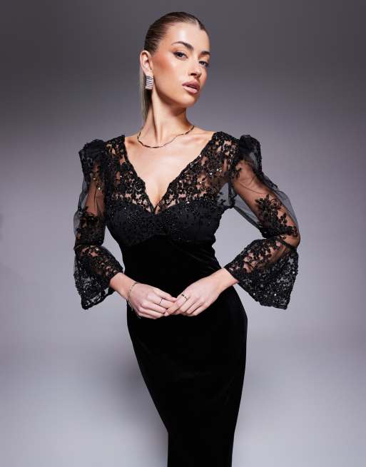 goddiva scalloped lace maxi dress Goddiva Scalloped lace velvet maxi dress in solid black ASOS