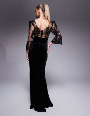 Goddiva Scalloped lace & velvet maxi dress in solid black | ASOS