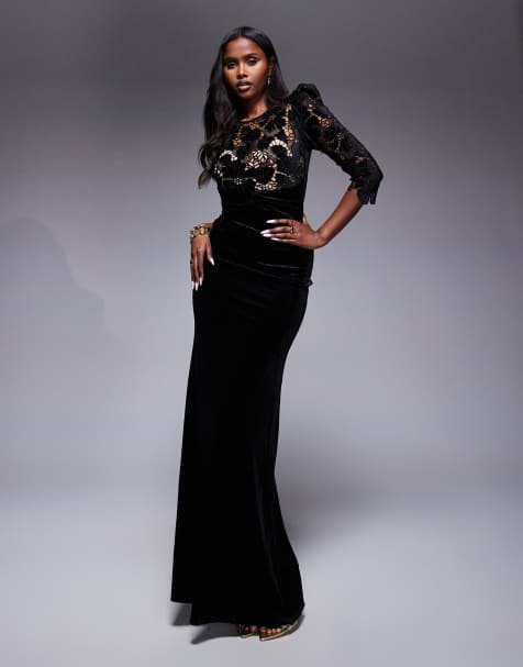 Goddiva Scalloped velvet crochet maxi dress in black