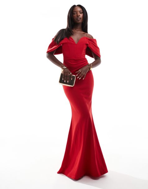 Goddiva – Schulterfreies, drapiertes Maxikleid in Rot - view 1