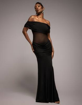 Goddiva - Schulterfreies Maxikleid in Schwarz mit Raffung und Netzstoff-Einsatz an der Taille