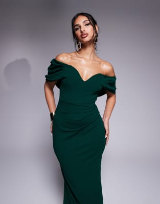 Goddiva - Schulterfreies Maxikleid in Smaragdgrün mit drapierten Ärmeln