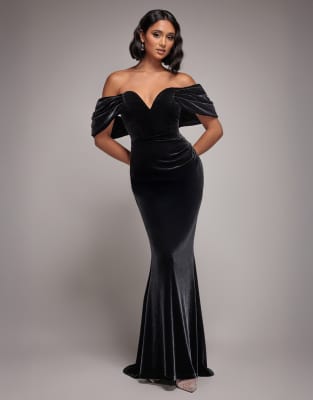 Goddiva - Schulterfreies, tief ausgeschnittenes Maxikleid aus Samt in Schwarz