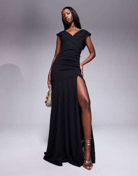 Goddiva scuba crepe off shoulder front split maxi dress in black