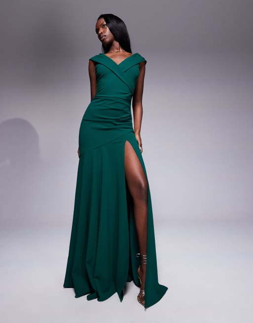 Goddiva Scuba crepe off shoulder front split maxi dress in emerald in scuba-style fabric