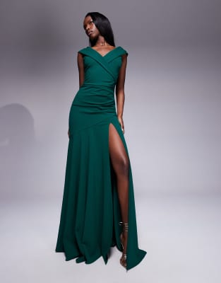 asos Goddiva Scuba crepe off shoulder front split maxi dress in emerald
