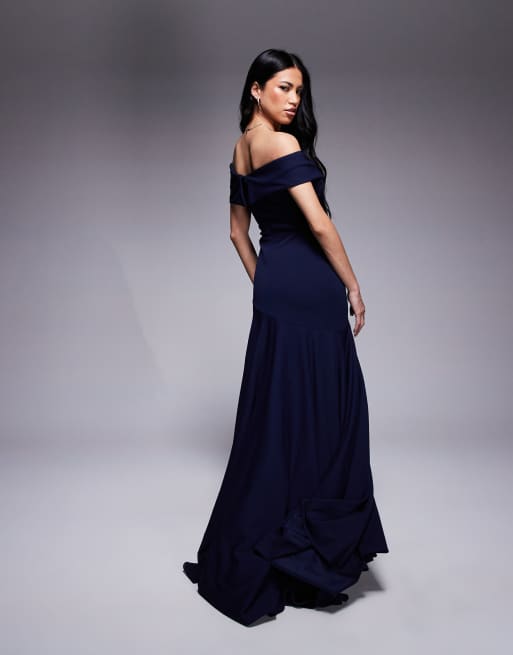 Goddiva Scuba Crepe Off Shoulder Front Split Maxi Dress - Emerald Green main image 1