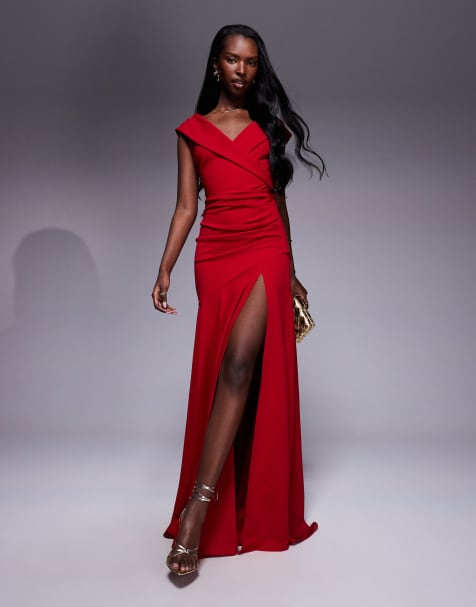 Goddiva Scuba crepe off shoulder front split maxi dress in red