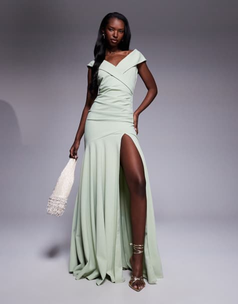 Goddiva Scuba crepe off shoulder front split maxi dress in sagegreen - view 1