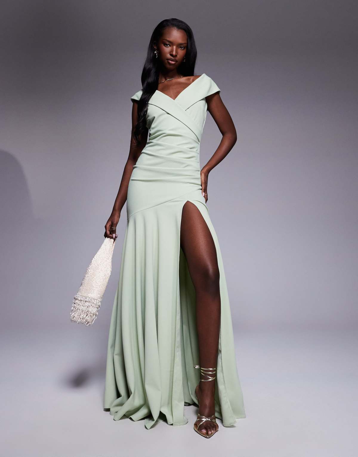 Goddiva Scuba crepe off shoulder front split maxi dress in sagegreen
