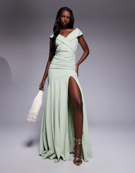Goddiva Scuba crepe off shoulder front split maxi dress in sagegreen