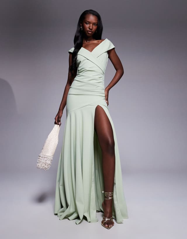 sage green crepe dress Goddiva scuba off shoulder front split maxi in sagegreen Style-Color-Dim:MD1E209933_AH373_M
