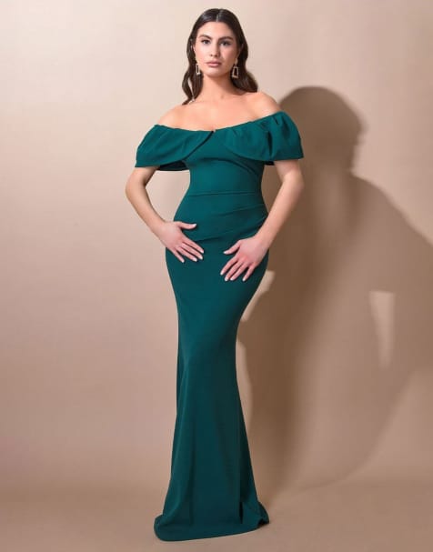 Goddiva Scuba crepe pleated bardot maxi in emerald green - view 1