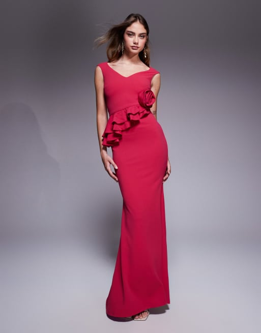 Goddiva Scuba crepe rose frill maxi dress in magenta