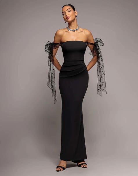 Goddiva Sculpting stretch jersey & polka mesh bella bow multiway maxi dress in black
