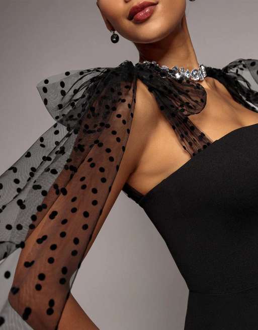 Goddiva Sculpting stretch jersey & polka mesh bella bow multiway maxi dress in black, 3 of 4