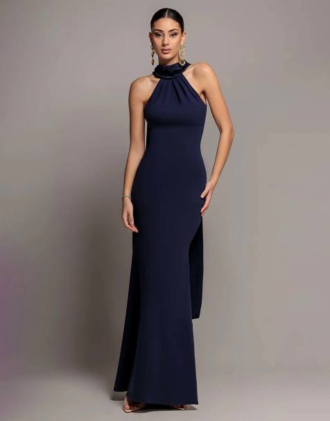 Goddiva Sculpting stretch jersey & velvet satin cape sleeve halterneck maxi dress in navy - view 1