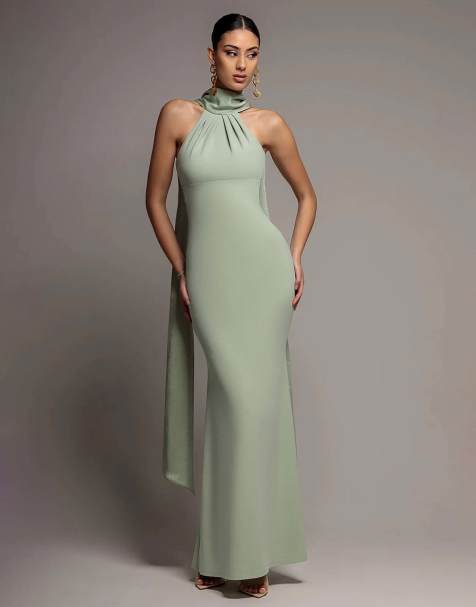 Goddiva Sculpting stretch jersey & velvet satin cape sleeve halterneck maxi dress in sagegreen - view 1