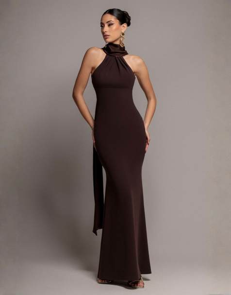 Goddiva Sculpting stretch jersey & velvet satin halterneck maxi dress with back sash in brown