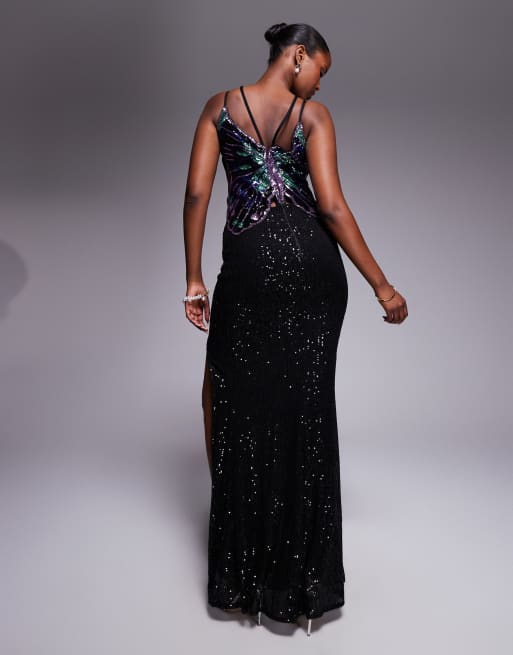 Goddiva Sequin butterfly front split maxi dress in black, 3 of 4