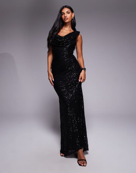 Goddiva Sequin cowl one shoulder maxi dress in black