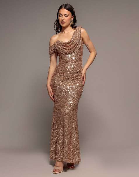 Goddiva Sequin cowl one shoulder maxi dress in champagne - view 1