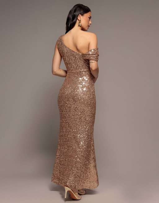 Goddiva Sequin cowl one shoulder maxi dress in champagne, 2 of 4