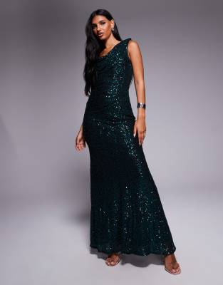 Goddiva Sequin Cowl One Shoulder Maxi Dress In Green