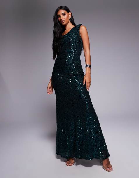 Goddiva Sequin cowl one shoulder maxi dress in emerald - view 1