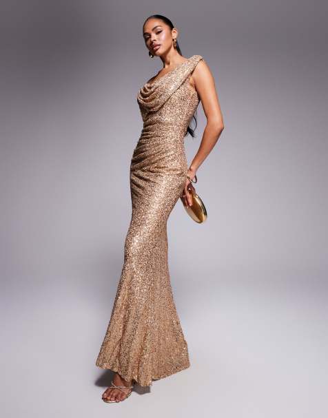 Goddiva Sequin cowl one shoulder maxi dress in gold
