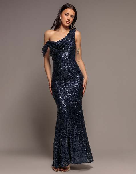 Goddiva Sequin cowl one shoulder maxi dress in navy