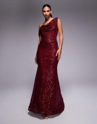 Goddiva Sequin cowl one shoulder maxi dress in wine-Red