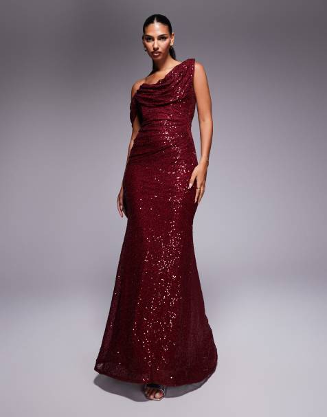 Goddiva Sequin cowl one shoulder maxi dress in wine