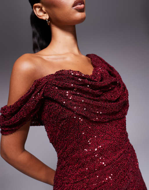 Goddiva Sequin cowl one shoulder maxi dress in wine, 2 of 4