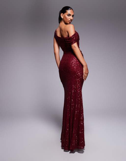 Goddiva Sequin cowl one shoulder maxi dress in wine, 3 of 4