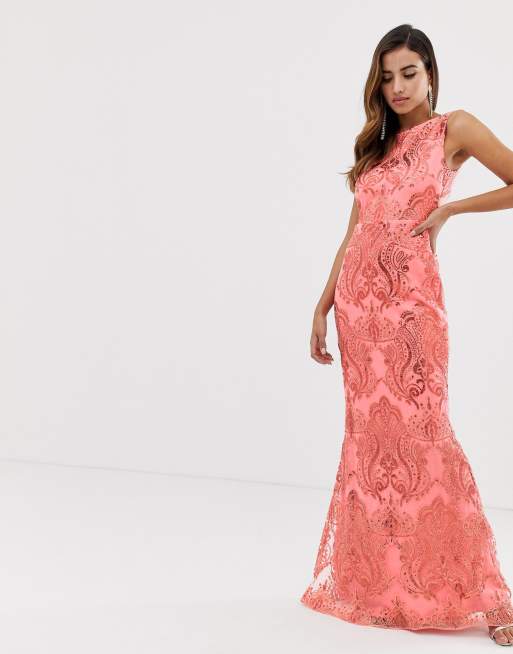 Goddiva sequin embroidery maxi dress with fishtail in coral