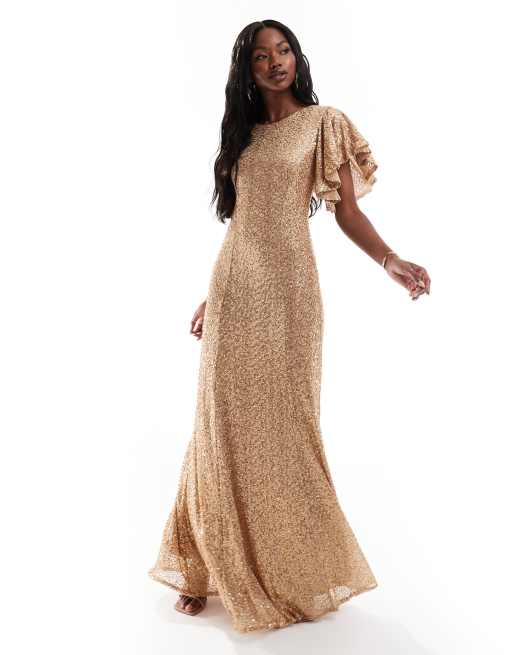 Goddiva Sequin flutter sleeve maxi in gold ASOS