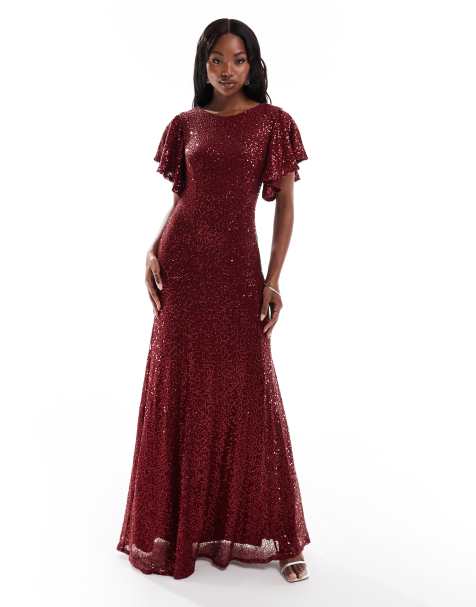 Goddiva Sequin flutter sleeve maxi in wine - view 1
