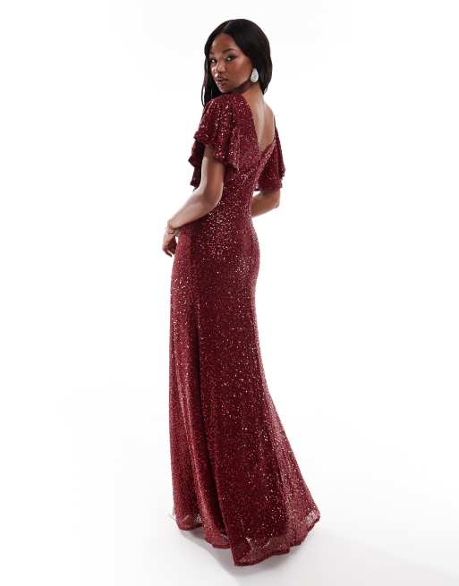 Goddiva Sequin flutter sleeve maxi in wine ASOS