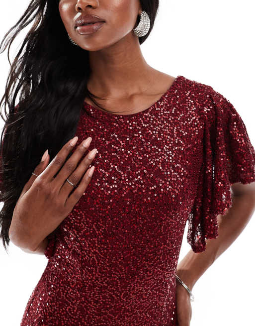 Goddiva Sequin flutter sleeve maxi in wine, 3 of 4