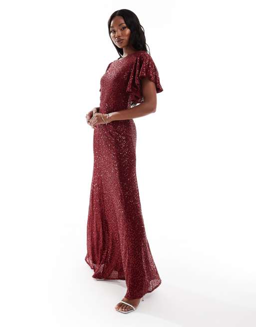 Goddiva Sequin flutter sleeve maxi in wine, 4 of 4