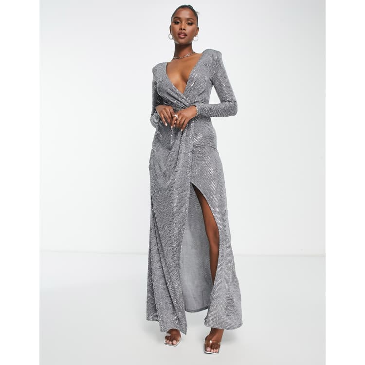 Silver long shop sleeve maxi dress