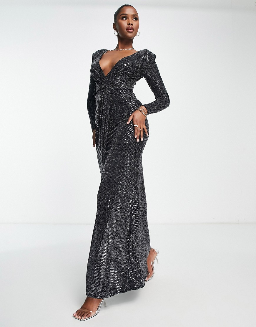 Goddiva sequin long sleeve wrap front maxi prom dress in black