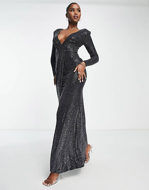 Goddiva sequin long sleeve wrap front maxi prom dress in black | ASOS