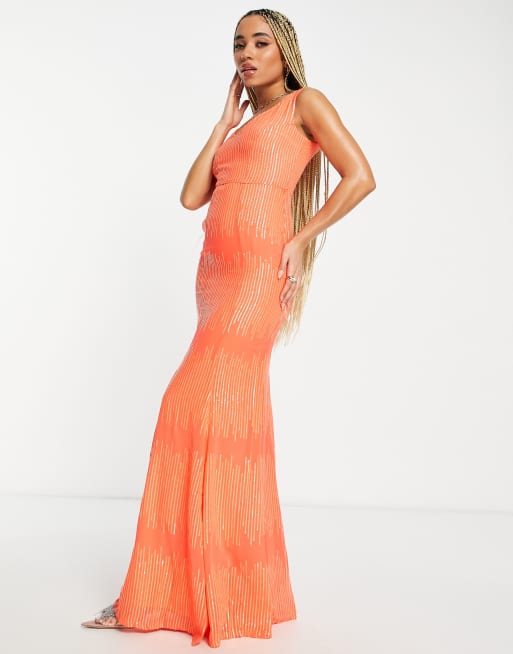 Goddiva sequin maxi prom dress in coral