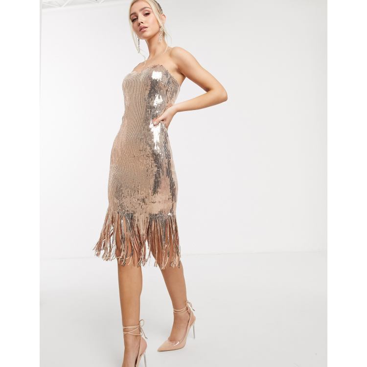 Fringe Sequin Bandeau Midi Dress