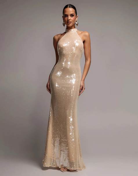 Goddiva Sequin open back halter neck maxi dress in beige - view 1