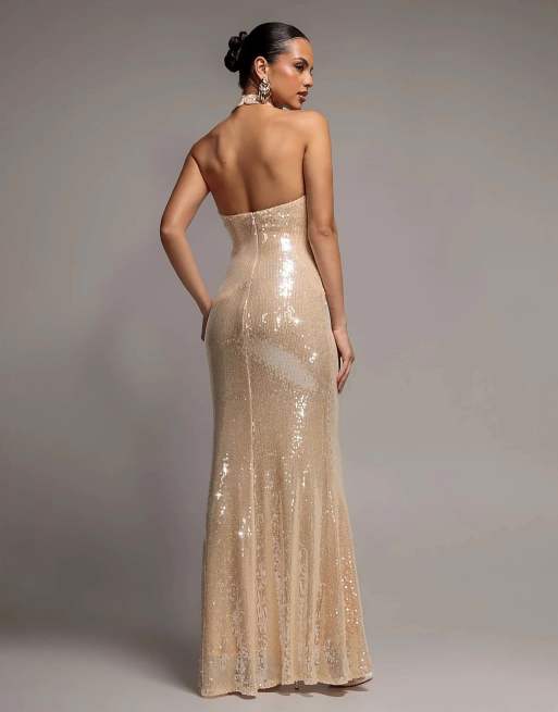 Goddiva Sequin open back halter neck maxi dress in beige, 2 of 4