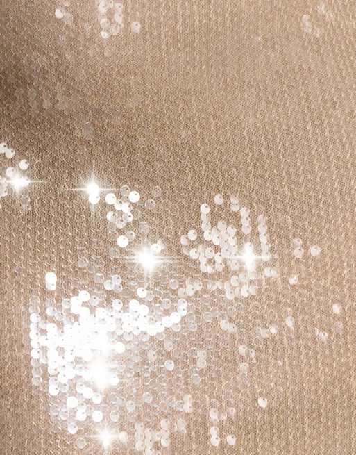 Goddiva Sequin open back halter neck maxi dress in beige, 4 of 4