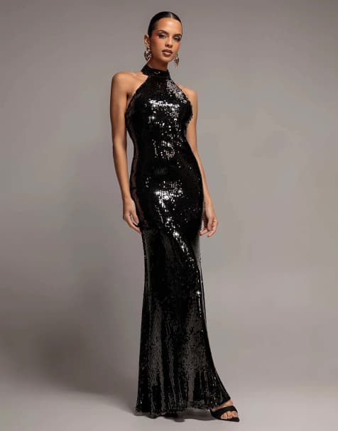 Goddiva Sequin open back halter neck maxi dress in black - view 1